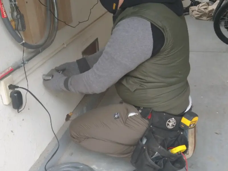 Electrician performing outlet wiring in a Thompson garage